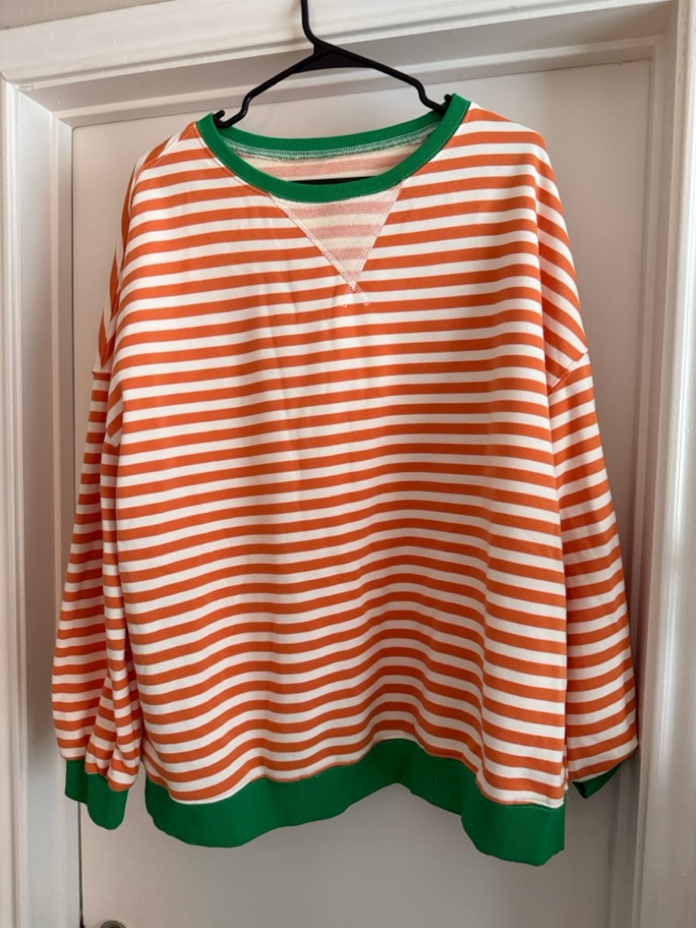 XXL - Striped Orange & White Crewneck Sweatshirt with Green Trim